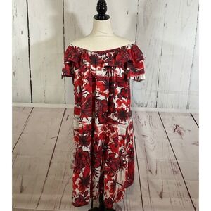 Vintage Made in Hawaii Red Tropical Hibiscus Floral Off Shoulder Muumuu Dress L